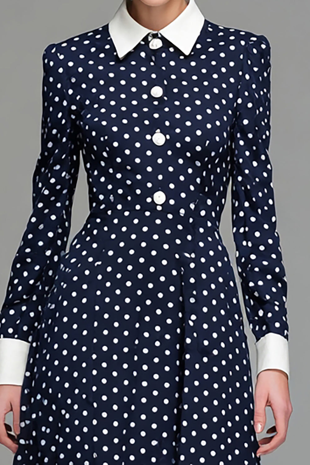 Navy Satin A-Line Long Sleeves Tea Length Polka Dots Dress
