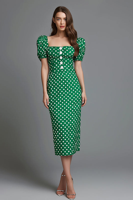 Green Satin Square Neck Sheath Tea Length Polka Dots Dress