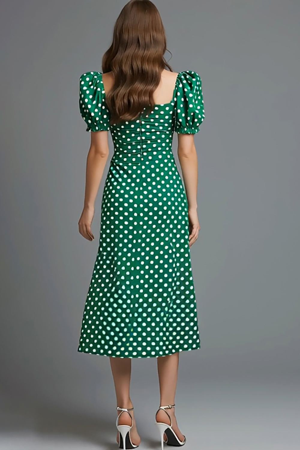 Green Satin Square Neck Sheath Tea Length Polka Dots Dress