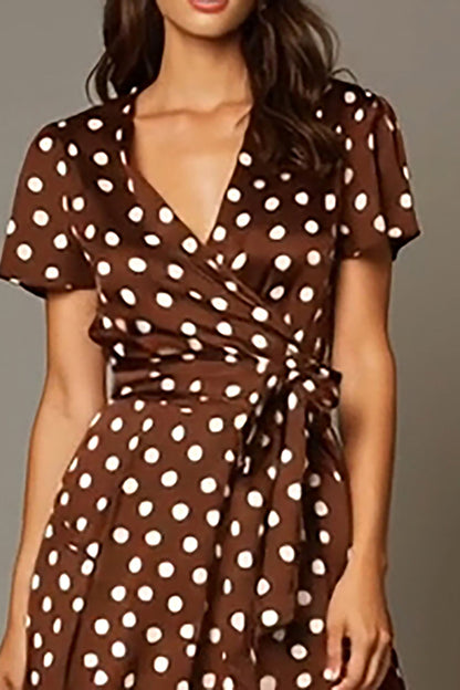 Brown Satin A-Line V-Neck Tea Length Polka Dots Dress