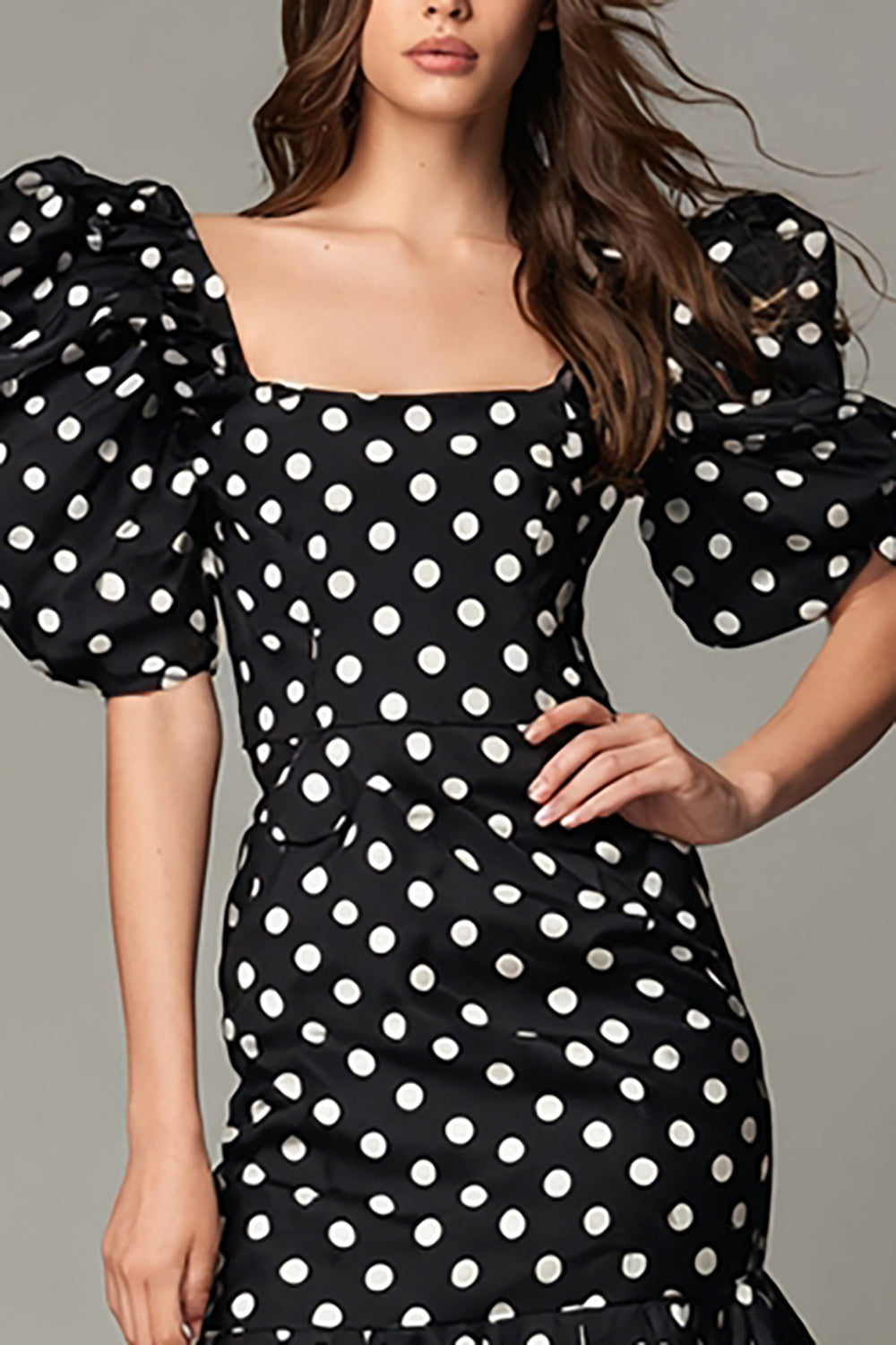 Black and White Square Neck Satin Short Polka Dots Dress with Ruffles