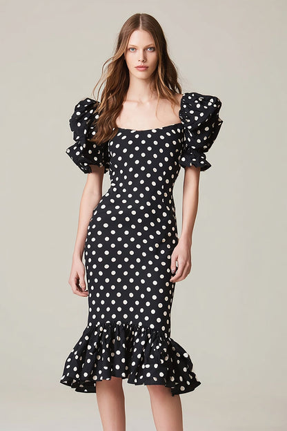 Black and White Square Neck Satin Mermaid Polka Dots Dress with Ruffles