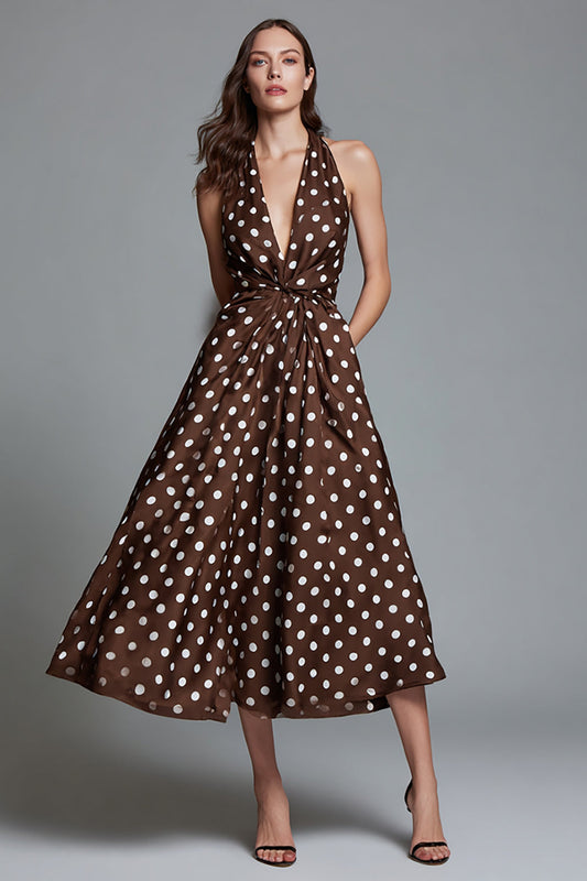 Brown and White Chiffon V-Neck A-Line Polka Dots Dress