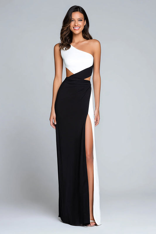 Black and White One Shoulder Sheath Long Formal Dress with Slit