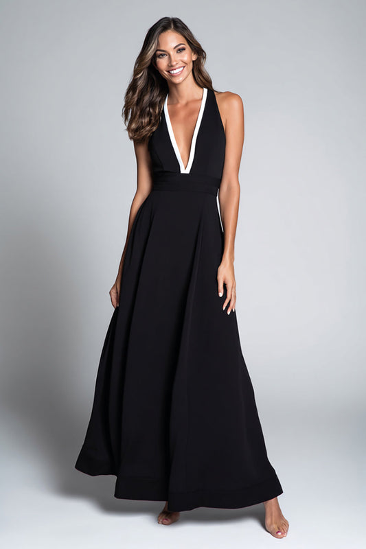 Black V Neck A Line Long Formal Dress
