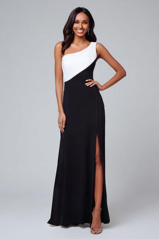 Sheath One Shoulder Black and White Formal Dress with Slit