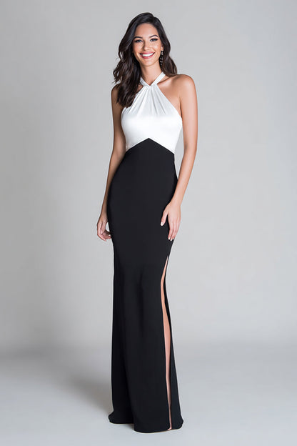 Halter Sheath Black and White Long Formal Dress with Slit