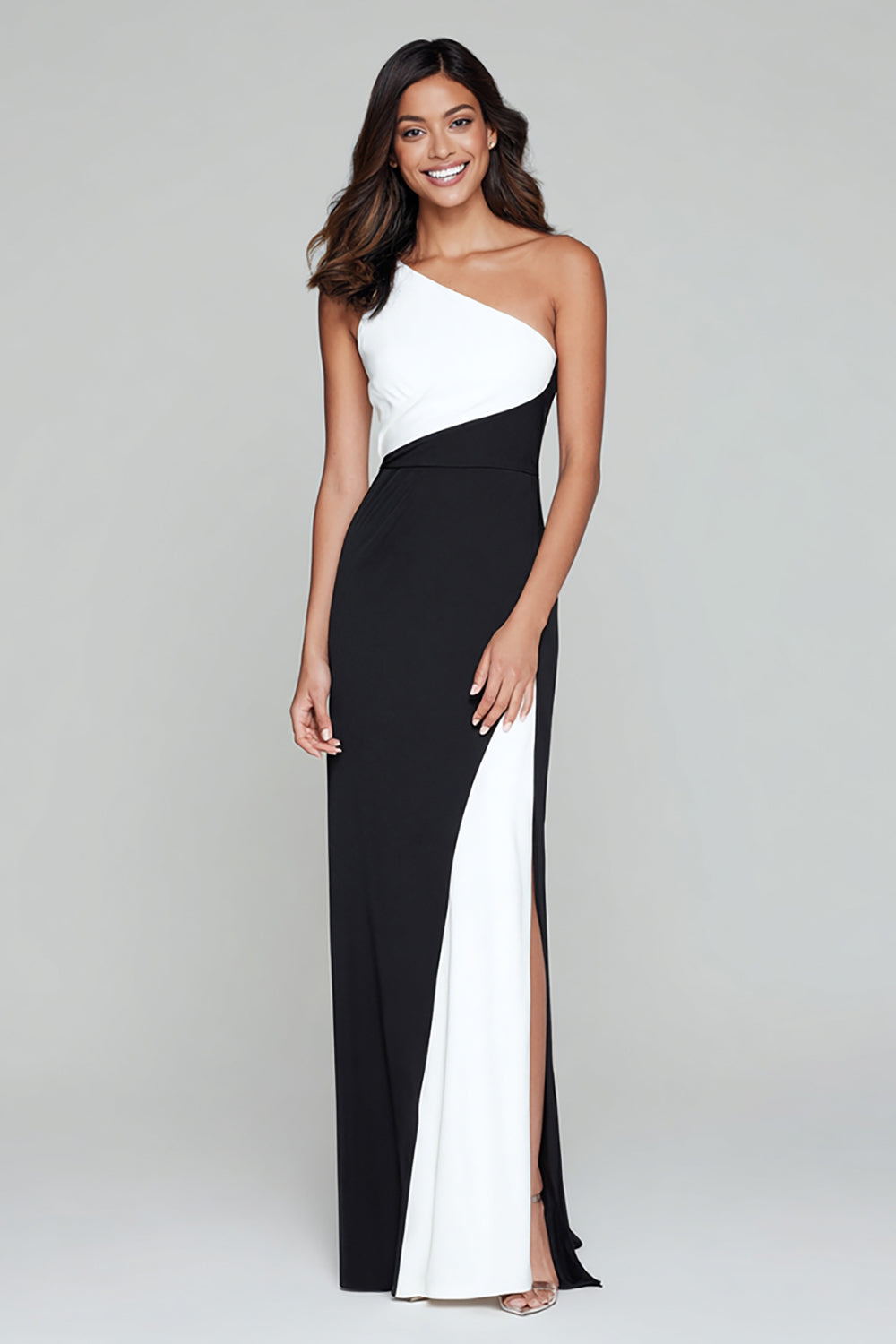 Black and White Sheath One Shoulder Formal Dress with Slit