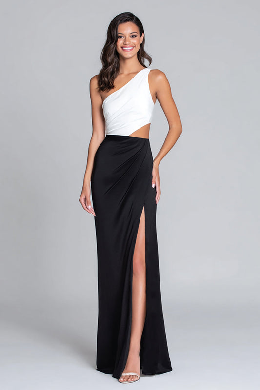 Cut Out Black and White One Shoulder Sheath Long Formal Dress with Slit