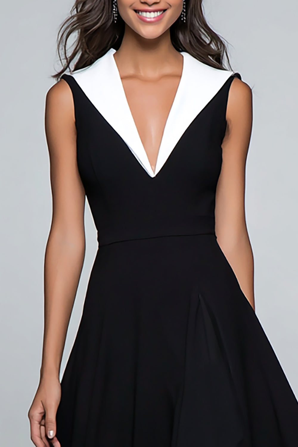 Black and White A Line V Neck Midi Formal Dress