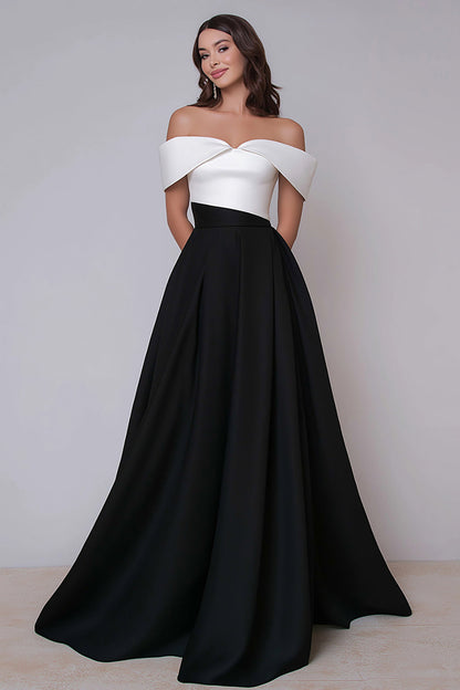 Off the Shoulder Black and White A Line Long Formal Dress