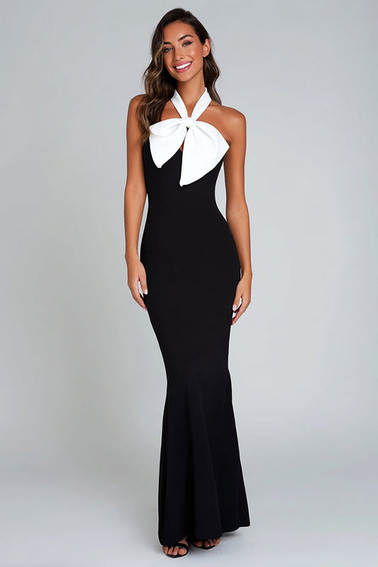 Black and White Sheath Halter Long Formal Dress with Bow