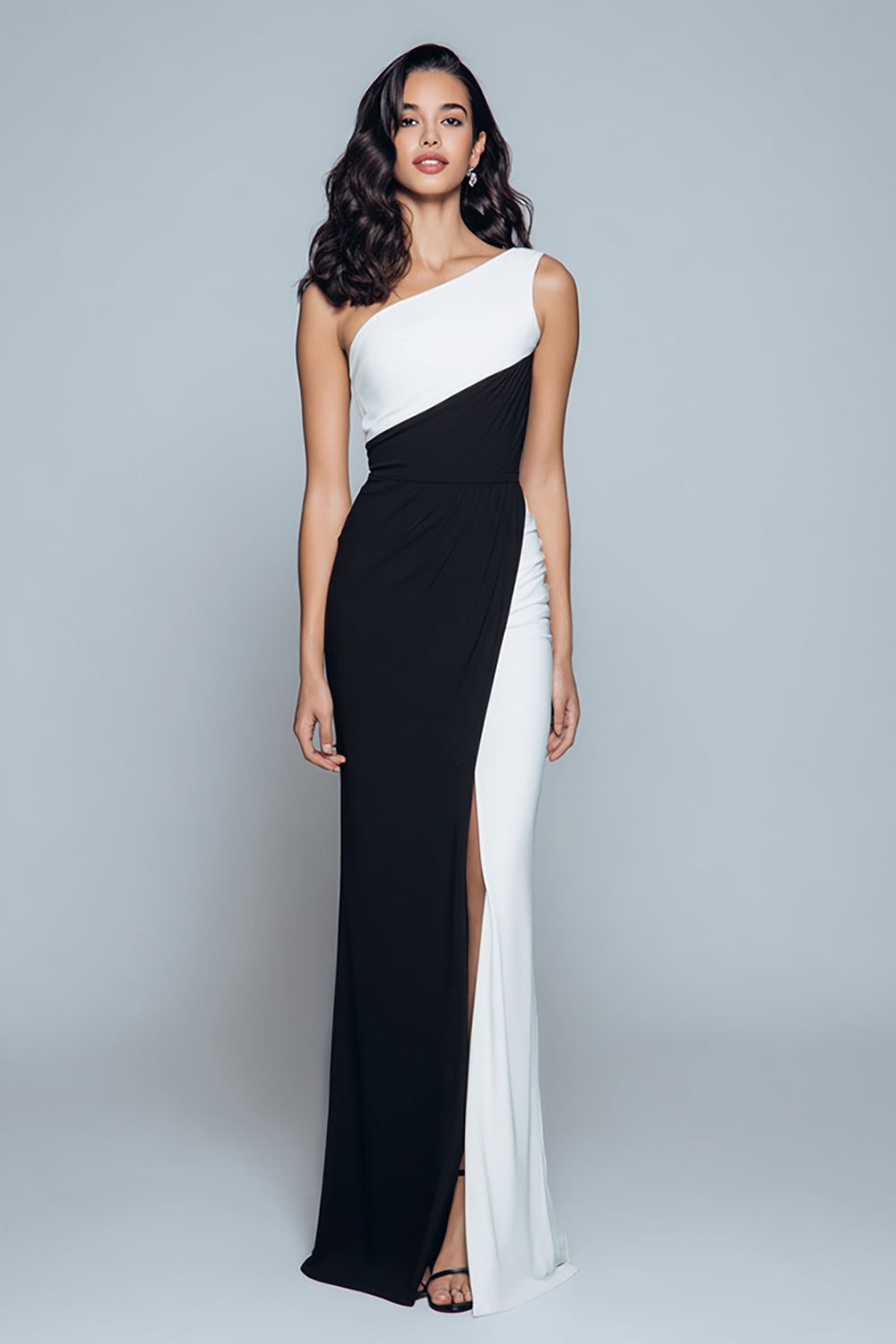 One Shoulder Sheath Long Black and White Formal Dress