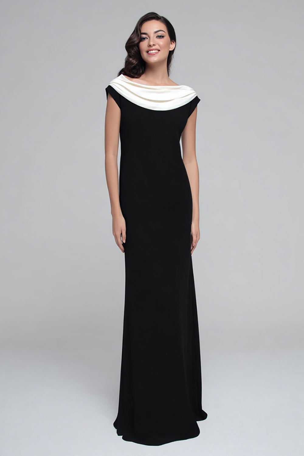 Black and White Cowl Neck Sheath Long Formal Dress with Sleeves