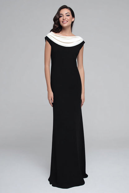 Black and White Cowl Neck Sheath Long Formal Dress with Sleeves