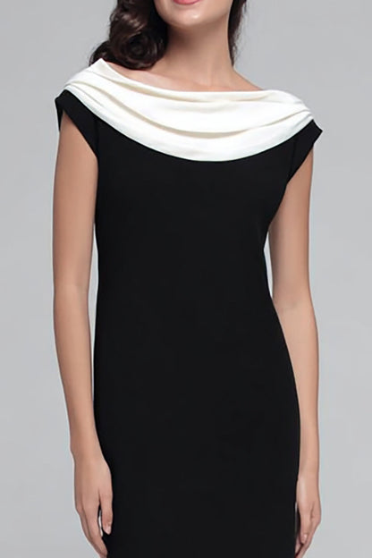 Black and White Cowl Neck Sheath Long Formal Dress with Sleeves