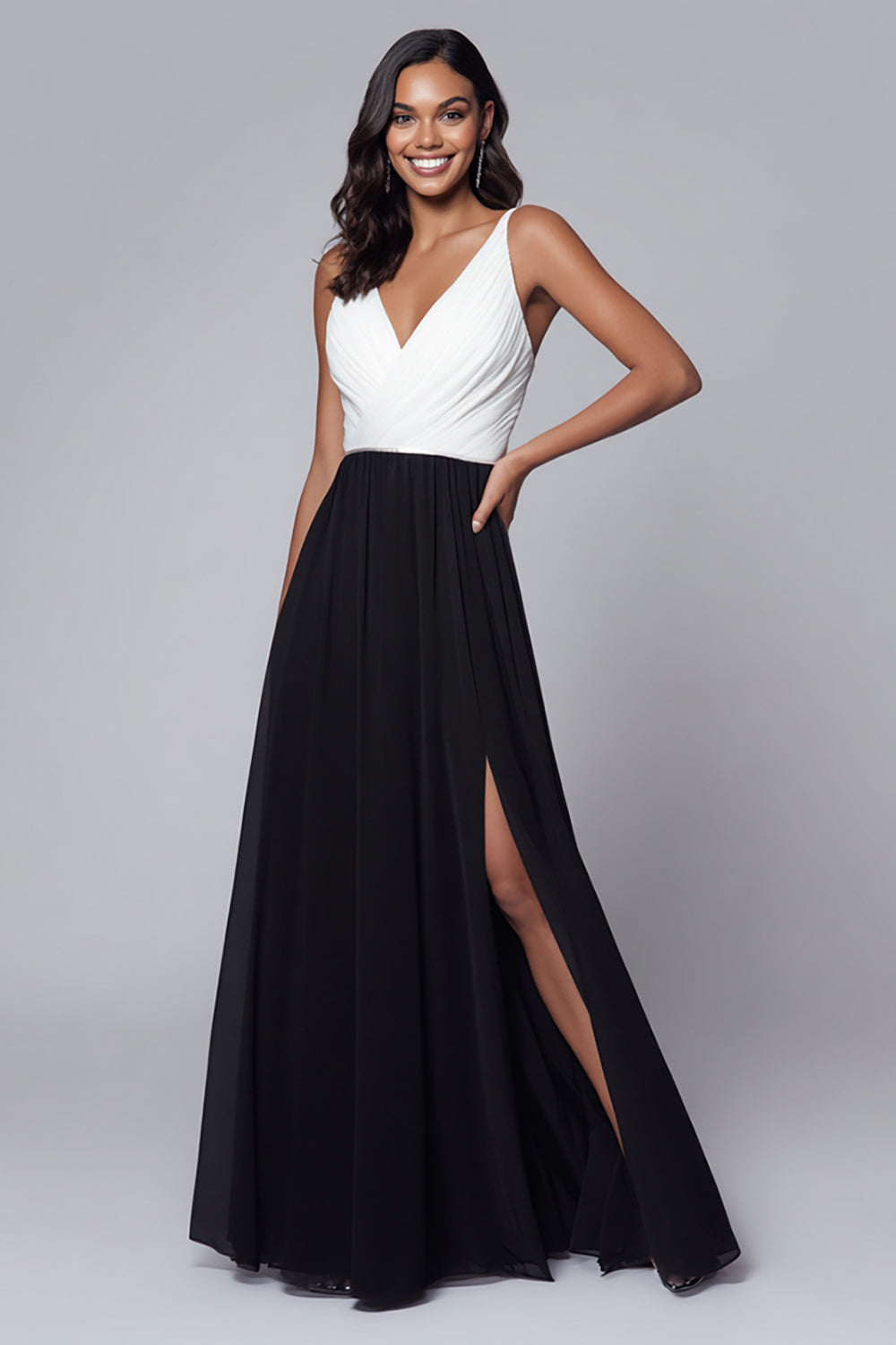 V-Neck Black and White A Line Long Formal Dress with Slit