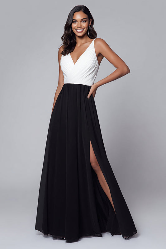 V-Neck Black and White A Line Long Formal Dress with Slit