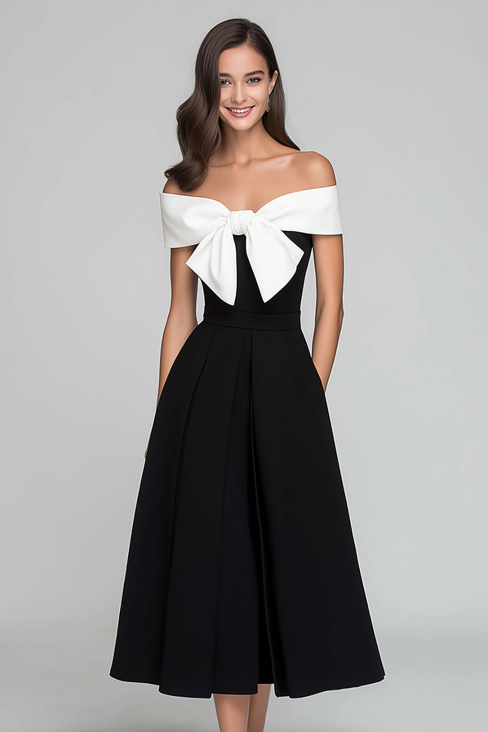 Black and White A Line Off the Shoulder Long Formal Dress with Bow