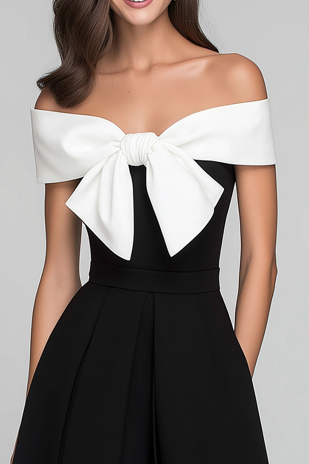 Black and White A Line Off the Shoulder Long Formal Dress with Bow