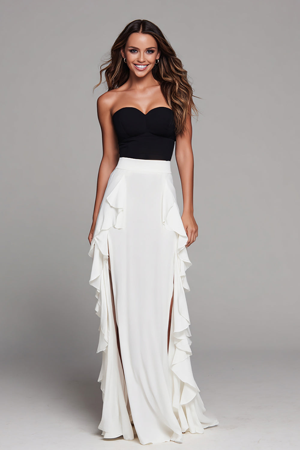Black and White A Line Ruffled Long Formal Dress with Slit