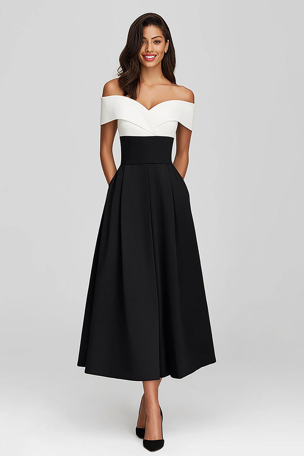 Black and White Satin Off the Shoulder Long Formal Dress with Pockets