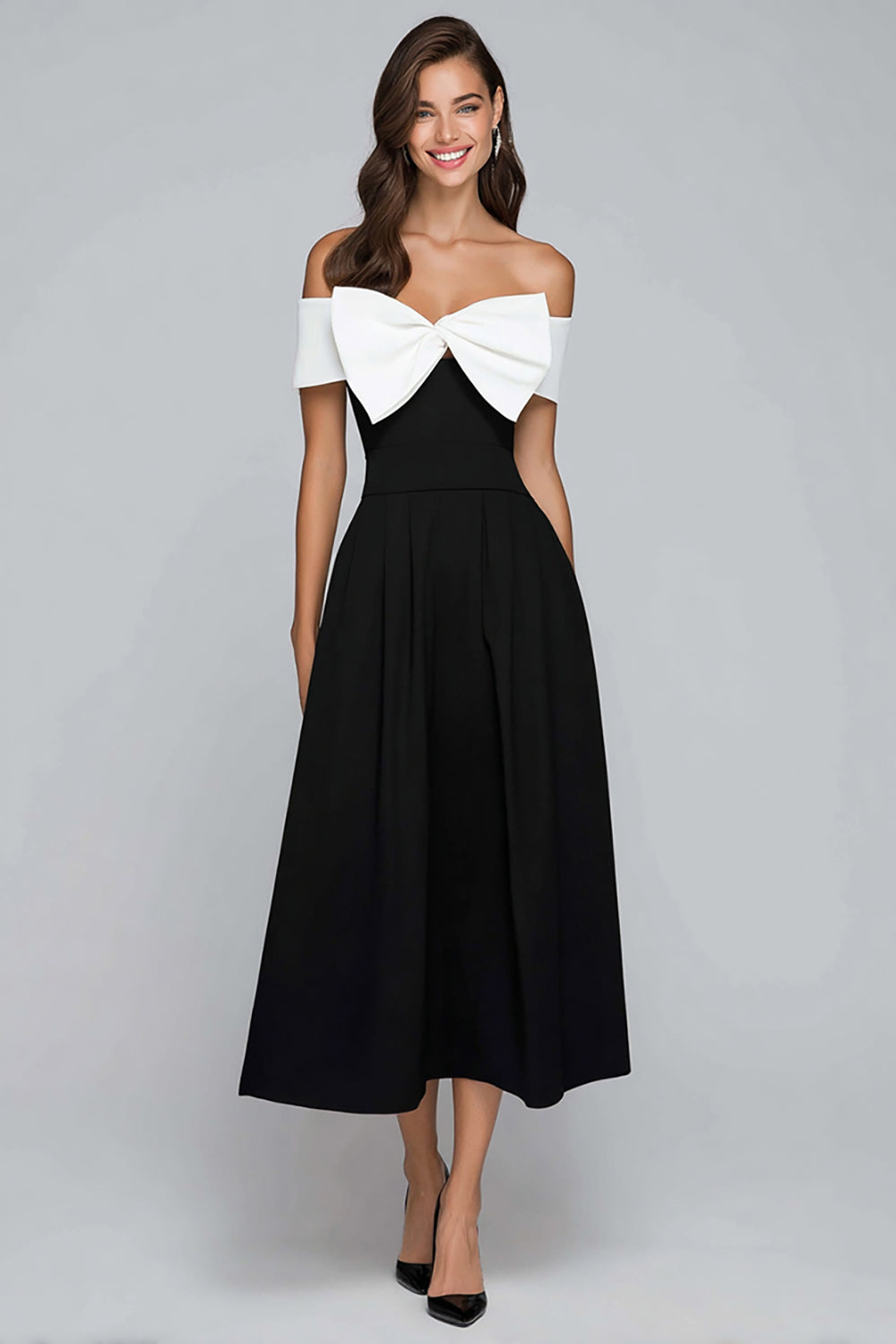 Black and White Off the Shoulder A Line Long Formal Dress with Bow