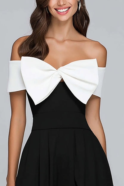 Black and White Off the Shoulder A Line Long Formal Dress with Bow