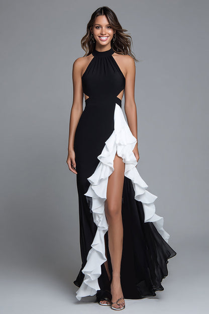 Black and White A Line Cut Out Long Formal Dress with Ruffles