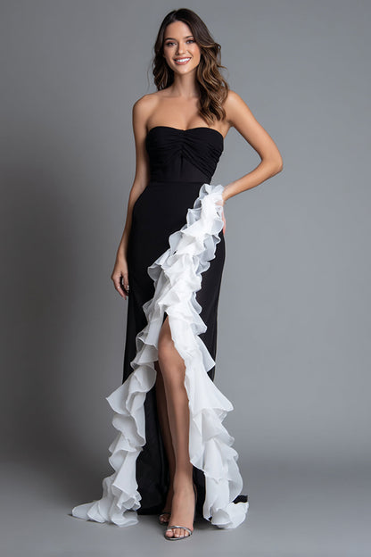 Black and White Strapless Ruffled Long Formal Dress with Slit