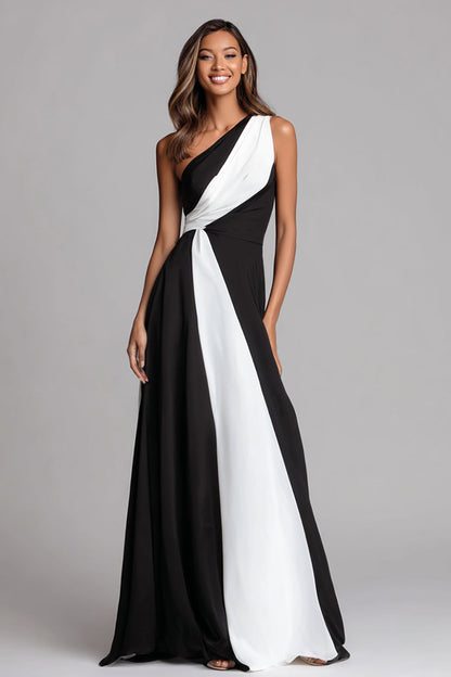 Black and White A Line One Shoulder Long Formal Dress