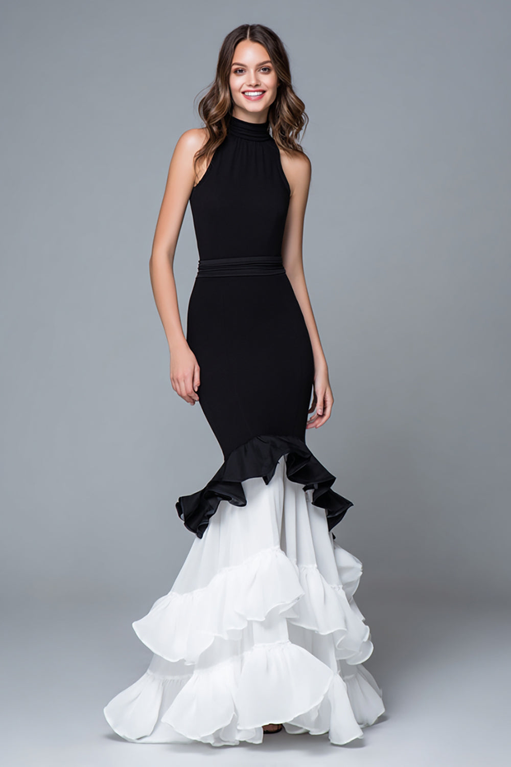 Black and White Mermaid High Neck Long Formal Dress with Ruffles