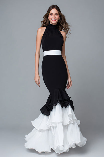 Black and White High Neck Ruffled Mermaid Long Formal Dress