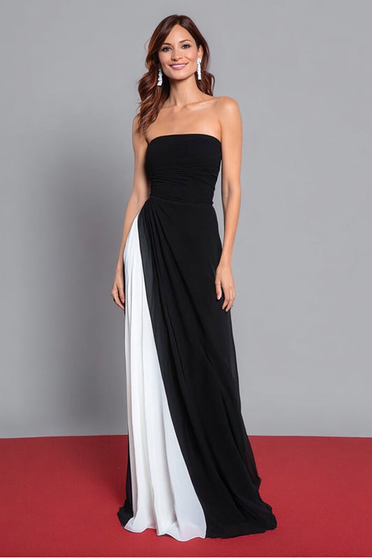 Black and White Sheath Strapless Ruched Long Formal Dress