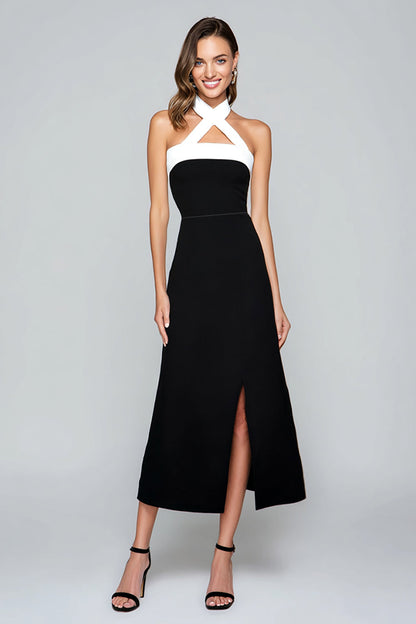 Black and White Sheath Halter Long Formal Dress with Slit
