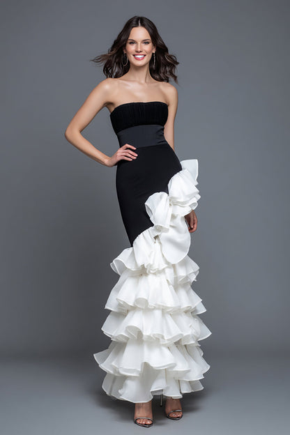 Black and White Mermaid Strapless Ruffled Long Formal Dress
