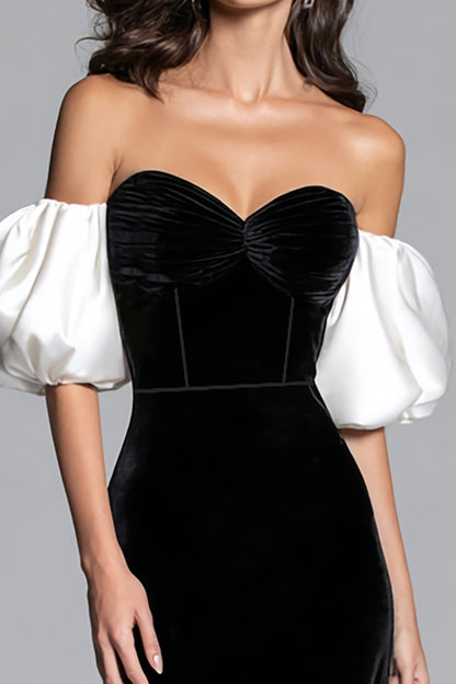 Black and White Mermaid Velvet Corset Long Formal Dress with Sleeves