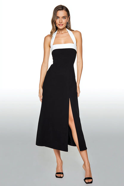 Black and White Sheath Long Halter Formal Dress with Slit