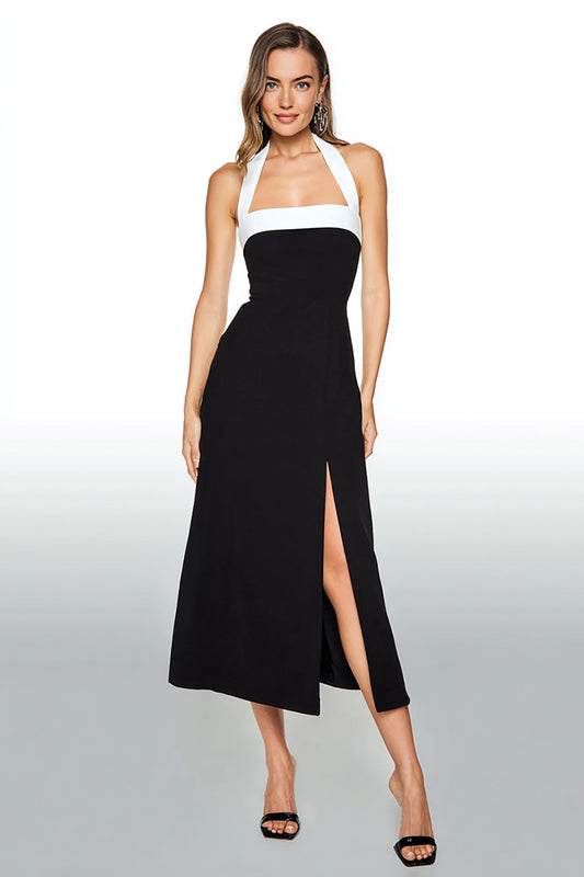Black and White Sheath Long Halter Formal Dress with Slit