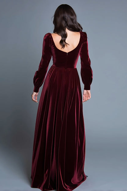 Burgundy Long Sleeves A-Line Velvet Long Formal Dress with Slit