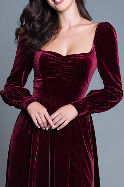 Burgundy Long Sleeves A-Line Velvet Long Formal Dress with Slit