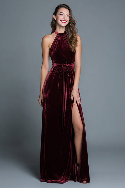 Burgundy Velvet Halter A Line Formal Dress with Slit