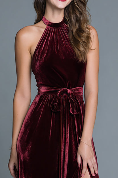 Burgundy Velvet Halter A Line Formal Dress with Slit
