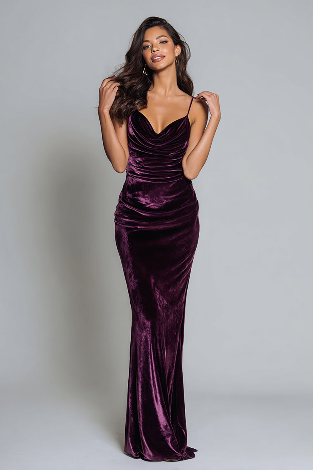 Plum Velvet Spaghetti Straps Sheath Ruched Formal Dress