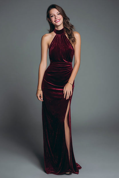 Halter Burgundy Velvet Sheath Ruched Formal Dress with Slit