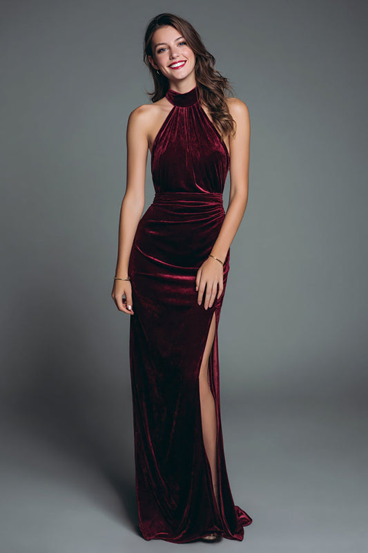 Halter Burgundy Velvet Sheath Ruched Formal Dress with Slit