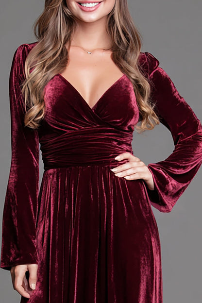 V Neck Burgundy Velvet A Line Formal Dress with Slit