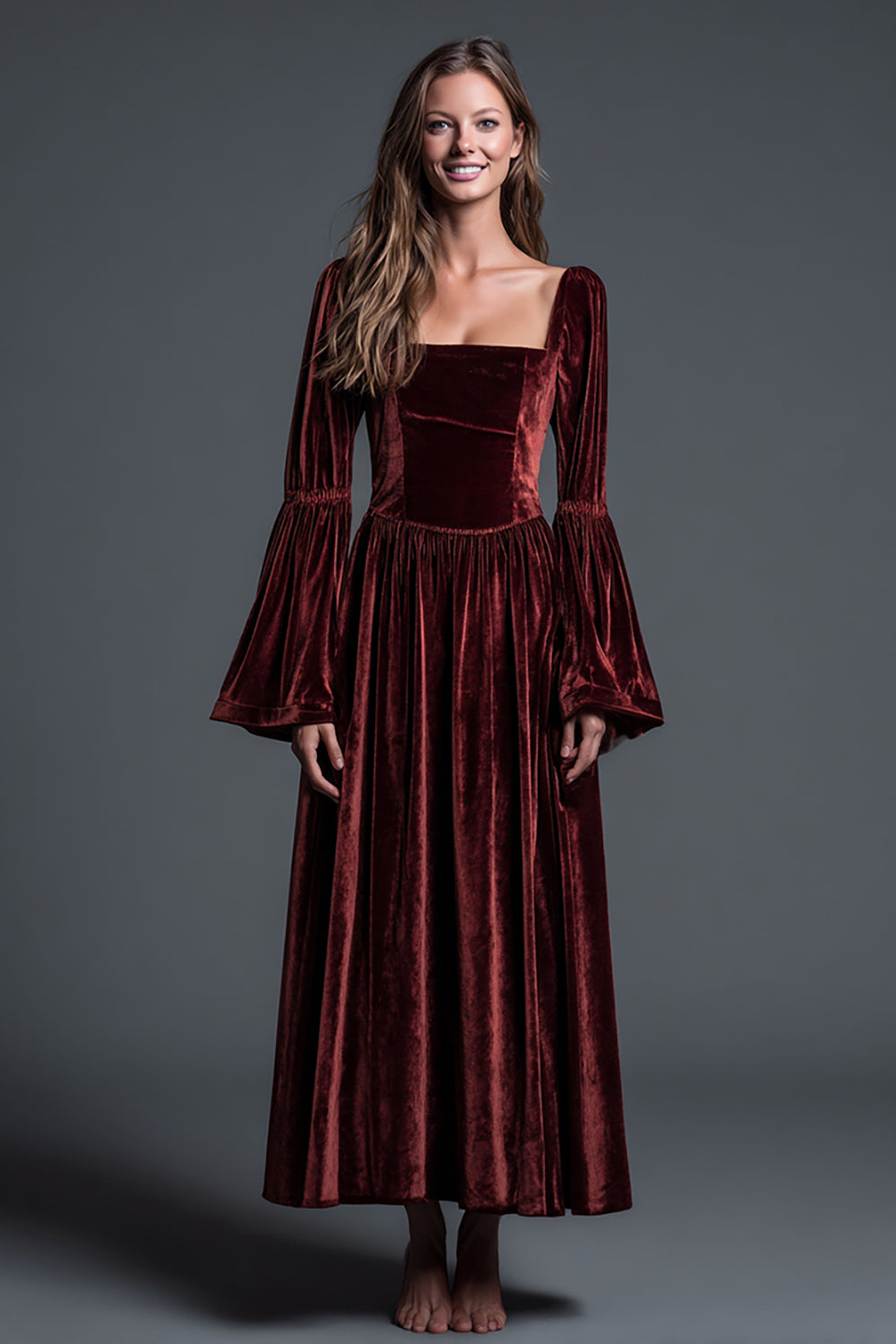 Velvet Square Neck Burgundy A Line Formal Dress with Long Sleeves
