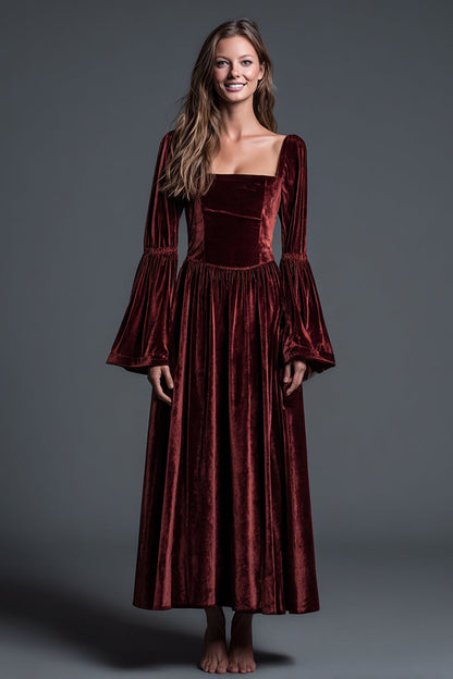 Velvet Square Neck Burgundy A Line Formal Dress with Long Sleeves