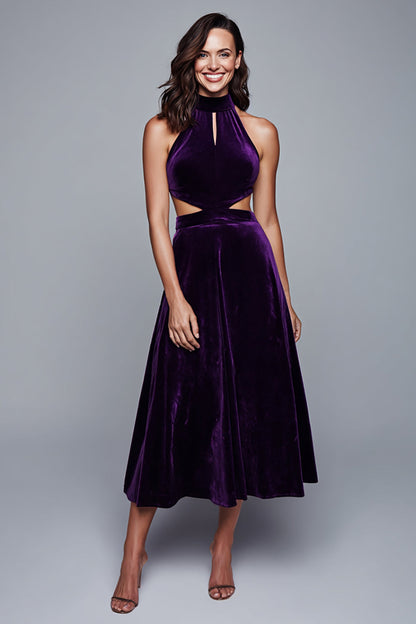 Plum Halter Cut Out A Line Velvet Formal Dress